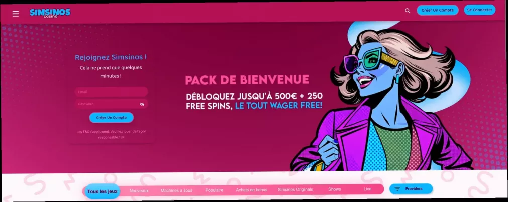 Simsino Casino - 200% jusqu'à 500 € + 250 tours gratuits